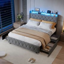 Cama 160x200 Con Cajones, Cama 160x200, Cama Para Adultos, Cama Matrimonio, Cama Tapizada, Cabecero Con Luces Led, Puerto De Carga, Terciopelo, Gris