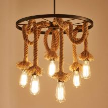 Hemp Rope Pendant Light Industrial Chandelier Vintage Creative Wheel Ceiling Lamp 6 Lights Pendant Lights For Living Room Restaurant Bar