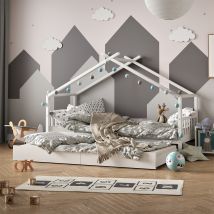 Vitalispa - Cama En Forma De Casa Design, Blanco, 90x200 Cm Con Cama De Invitados Y 2 Colchones