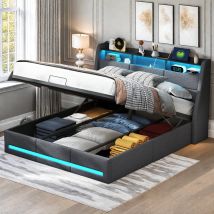 Cama Matrimoniales 140x190 Cm, Cama Tapizada Con Led, Cama Para Adultos Con Cabecero, Tela De Lino, Gris
