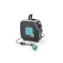 Mini-Schlauchtrommel im Aquabag-Stil – 11,5m flexibler Schlauch – 2 SOFT TOUCH Schnellkupplungen – Ergonomische Lanze mit 8 Düsen