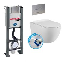 Wirquin Pro - Pack Complet Wc Sans Bride Bati Autoportant + Cuvette Blanche Sans Bride + Plaque Chromée Design