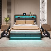Doppelbett 140 X 200 Cm, Erwachsenenbett 140 X 200, Mit Led Und 4 Schubladen, Bettgestell, Mit Usb-anschluss, Mit Kopfteil, Grau, Leinen