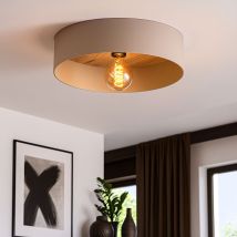 Deckenlampe Duaia, Runde Deckenleuchte Aus Metall In Taupe Mit Wendedekor In Messing Oder Holz-optik Im Inneren, Bündige Textil Wohnzimmerlampe, Lampe