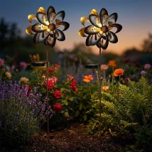 Led Lampe Solaire Roue À Vent Fiche De Jardin Lampe Extérieure Fleurs Design Lampe De Terrasse, Métal Doré, Argent Rouillé, Blanc Chaud, Lxlxh 23 X 