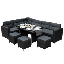Salon De Jardin Noir En Rotin Pour 9 Personnes Ensemble Table & Sièges Avec Coussins Ultra Epais & Lavable - Anti-uv - Aménagement Extérieur Terrasse 