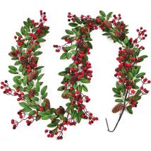 Guirnalda Navideña De 183 Cm De Alto Con Bayas Artificiales, Decoración De Corona Navideña De Acebo Con Bayas Rojas Y Negras, Piñas Y Hojas Verdes 