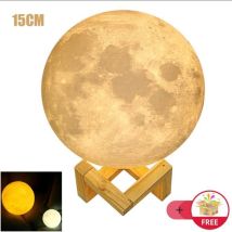 Lampe Lune 3d 15cm 2 Couleurs Tactile Usb Rechargeable Avec Support En Bois Cadeau Idéal