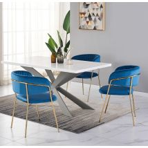 Duke Lux Atarah Esszimmergarnitur – Ein Weißer Esstisch Aus Holz Und Ein Set Mit 4 Esszimmerstühlen Aus Blauem Samt – Esszimmer Küche