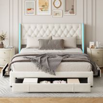 Chambre Complete Adulte,sommier 160x200,lit Deux Place,lit Coffre 160x200,lit Led 160 X 200,rembourré,led,3 Tiroirs,velours,beige