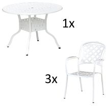 4-teilige Sitzgruppe Aluminium Guss Weiß Tisch Ø 106 Cm Mit 3 Sesseln Tisch Ø106 Cm Mit 3x Sessel Capri - Inko