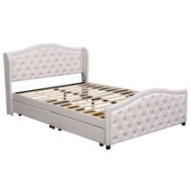 Cama Tapizada De 140 X 200 Cm - Cama Con Somier De Láminas, 2 Cajones Y Cabecero Con Remaches En Punta - Madera Y Piel Sintética - Blanco - Cama 