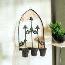 Geko - Rusty Wall Mirror With Triple Planter - Distressed Metal - L15 X W45 X H78 Cm - Dark Grey