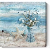 Bathroom Decor Wall Art Blue Beach Picture Ocean Theme Flower Canvas Print Modern Coastal Seascape Framed Painting Seaside Artwork Floral Daisy