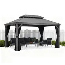 Purple Leaf 4,25 X 3 M Tonnelle De Jardin, Pergola Aluminium Extérieure Avec Moustiquaire Et Rideaux, Hardtop Pavillon Double Toit En Acier Galvanisé,