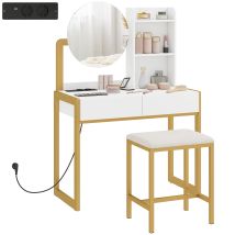 Coiffeuse Avec Miroir, Tabouret Rembourré, Station De Recharge, 2 Tiroirs Et 3 Étagères Pour Chambre, Blanche