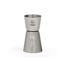 Barmaß Flowers – Edelstahl-Jigger mit Lasergravur – 20/40 ml – Höhe 4,5 cm – Breite 4,5 cm – Länge 8,8 cm – spülmaschinengeeignet