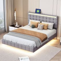 Cama Doble 140x200cm - Cama Para Adulto Led En Lino - Estructura De Cama Flotante Con Somier De Lamas Y Cabecera Con 2 Puertos Usb - Gris