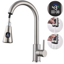 Mitigeur De Cuisine En Inox Avec Affichage Température Led, Robinet De Évier Brossé Pivotant À 360° Avec Douchette Extractible Et 2 Modes De Jet