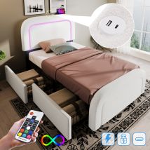 Hommoo - Letto 90x200 Cm Con Cassetti, Letto A Led Per Adulti, Letto Imbottito Con Funzione Di Ricarica Usb Type C E 2 Cassetti, Bianco, Senza 