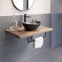 Vitusso - Bathroom Oak Wall Hung Vanity Unit And Basin Sink Cabinet Storage 600mm Floating Shelf With 405mm Oval Black Basin