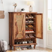 Tribesigns Armoire À Chaussures En Rotin Avec 2 Portes, 75 X 37 X 110 Cm, Meuble À Chaussures Étroit À 7 Étages Pour 25 Paires De Chaussures, Étagère 