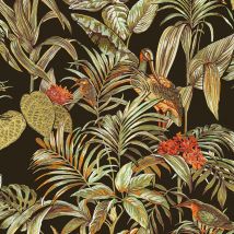Dutch Wallcoverings - Black Tropical Wallpaper Birds Palm Textured Green Orange Paste The Wall Vinyl