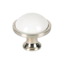 Bouton Porcelaine Rond - Diamètre : 35 Mm - Hauteur : 30 Mm - Décor : Blanc / Nickelé - Matériau : Porcelaine / Zamac - Merigous