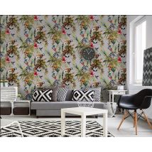 Dutch Wallcoverings - Silver Multicoloured Lemur Wallpaper Monkeys Flowers Floral Trees Animals Holden