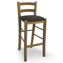 Okaffarefatto - Taburete En Madera De Nogal Claro Con Respaldo H 66cm Con Asiento Cuero Marrón