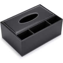 Rectangular Pu Leather Tissue Box (black) With 3 Compartments Desk Organizer For Remote Control