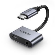 Dual-port-audioadapter Usb-c (männlich) – 3,5-mm-minibuchse / Usb-c (weiblich) – Grau