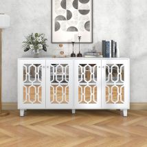 Weiß Verspiegelte Anrichte Mit Kühlen Kristallgriffen, Vier Türen, Mit Beweglichem Laminat.für Wohn- Und Esszimmer, 160 X 40 X 84cm Okwish