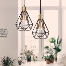 Lámpara Colgante 2 Piezas, Vintage Lámparas De Techo Ø20cm Diseño De Jaula De Diamante, Industriale Luminaria De Techo Con Base De Bronce E27 Para 