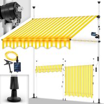 Tillvex Toldo De Abrazadera De 250 Cm Amarillo/blanco Con Led Solar Y Manivela Para Balcón Toldo Para Balcón Sin Taladrar Toldo Resistente A Los Rayos