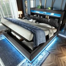 As Easy Lit Double Capitonné 140 X 200 Cm, Tête De Lit Avec Rangement, Ports Usb Et Type-c, Éclairage Led En Tête Et Pied De Lit, Rangement 