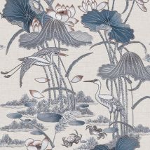 Design Id - Blue Lotus Pond Wallpaper Crane Lily Pads Textured Paste The Wall