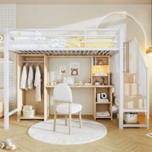 Lit Mezzanine 90x200 Avec Bureau, Armoire & Escalier De Rangement - Cadre Métal Blanc - Chambre Enfant & Ado