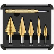 Foret Étagé, 5pcs Titane Set De Foret Fraises Avec Poinon Central Automatique, Revêtement Hss Et Titane Avec Botier En Aluminium, Double Lame De Coupe