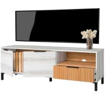 Mueble De Tv Tokio Estilo Nórdico En Color Blanco Albo Y Roble Rayado Con 2 Puertas 1 Cajón 136 Cm