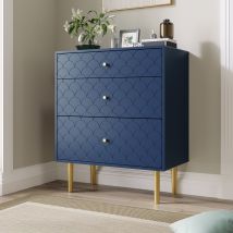 Urban Meuble Commode Buffet Haut Avec 3 Tiroirs Bleu Marine Motif D'Écailles Pieds Dorés H89/l75/p40 Cm