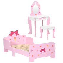 Zonekiz - 3pcs Kids Bedroom Furniture Set With Bed, Dressing Table And Stool, Pink