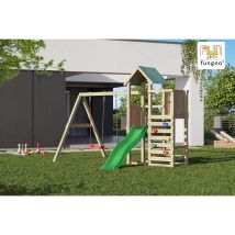 Spielturm Chester Natur Mit Doppelschaukel, Rutsche, Holzdach Und Kletterwand - Fungoo