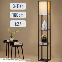 Puluomis - Floor Lamp,3-tier Wooden Shelf,standing Light With Display Shelves, Black, Without Bulb