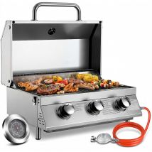 3 Brenner Gasgrill Klein, Edelstahl Tischgasgrill Kompakt Mit Grillrost, Thermometer, Camping Gasgrill Tragbarer Für Bbq, Balkon, Garten, 6.6kw, 60 