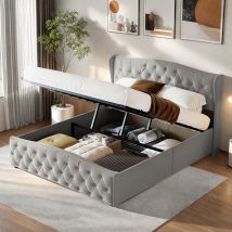 Lit Coffre 160 X 200cm, Lit 160x200 Avec Sommier, Lit Capitonné, Cadre De Lit, Avec Levier Hydraulique, Gris, Velours