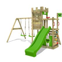 Fatmoose Wooden Climbing Frame Boldbaron With Swing Set And Apple Green Slide, Knight's Playhouse With Sandpit, Climbing Ladder & Play-accessories