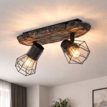 Lampada Da Soffitto A Led Per Soggiorno In Stile Legno 2 Fiamme Retro In Vimini Spot Regolabili, Metallo Plastica, 2x 6,5w 806lm Bianco Caldo, Lxlxh 