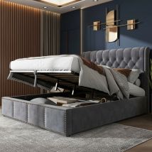 Lit Coffre 160 X 200 Cm, Revêtement En Velours, Lit Double, Détails Clous Et Boutons, Lit Adulte, Matelas Non Inclus, Gris