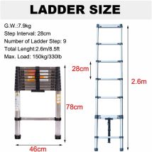Échelle Télescopique De 2,6 Mètres, En Acier Inoxydable, Antidérapante, Grade 9, Portant 150 Kg
